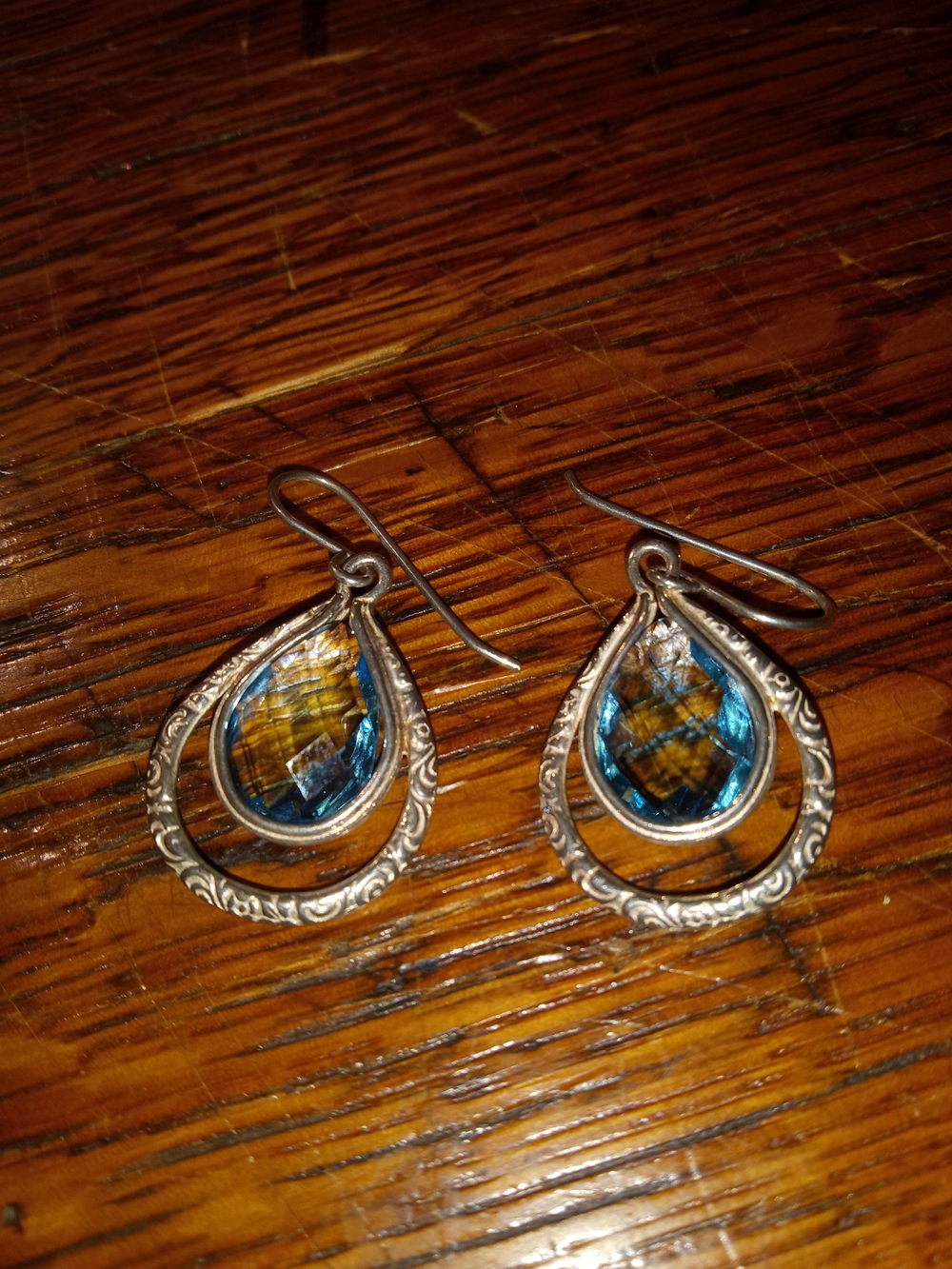 Blue Sterling Silver Gold Teardrop Dangle Earrings